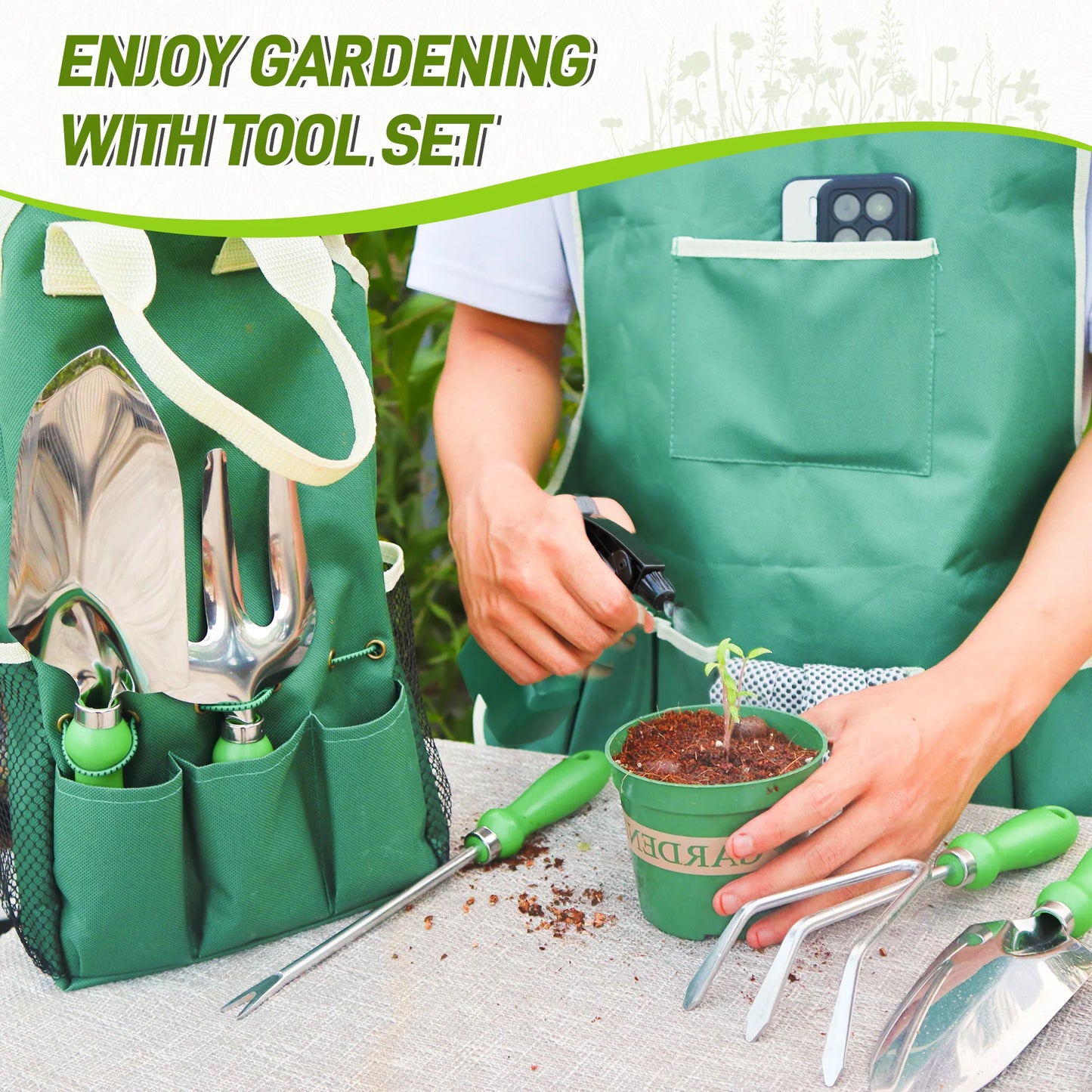 Garden Tool Set with Organizer Handbag for Planting and Pruning