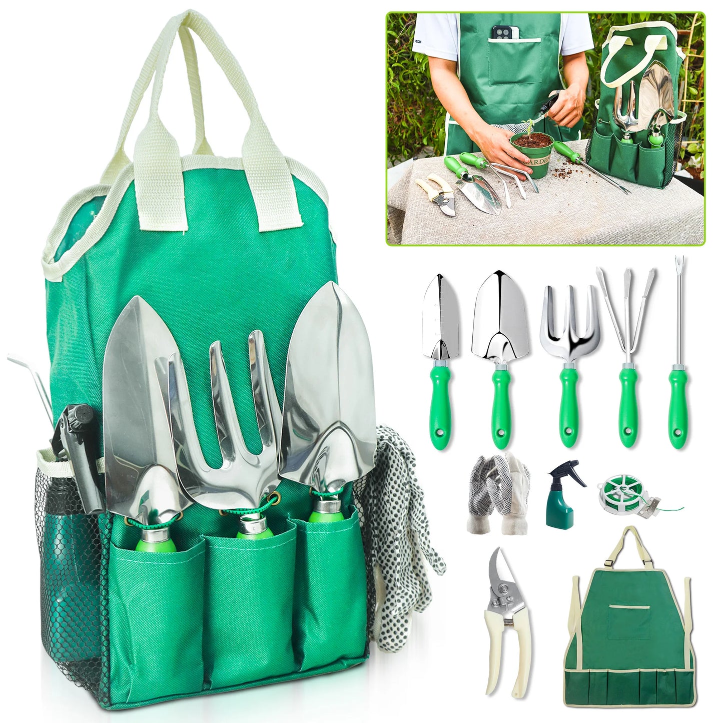 Garden Tool Set with Organizer Handbag for Planting and Pruning