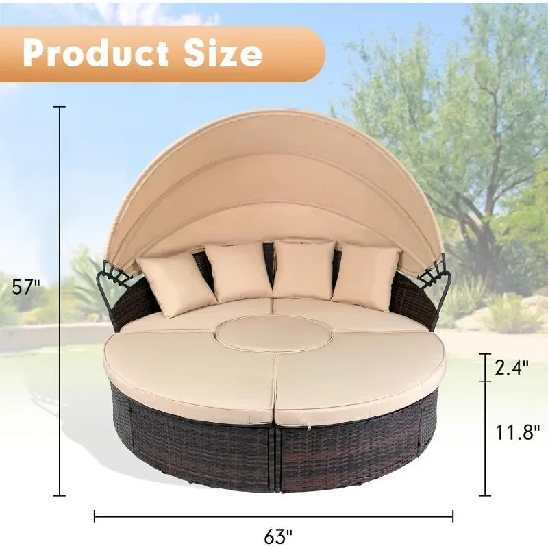 Outdoor Patio Daybed Sofa Set with Retractable Canopy