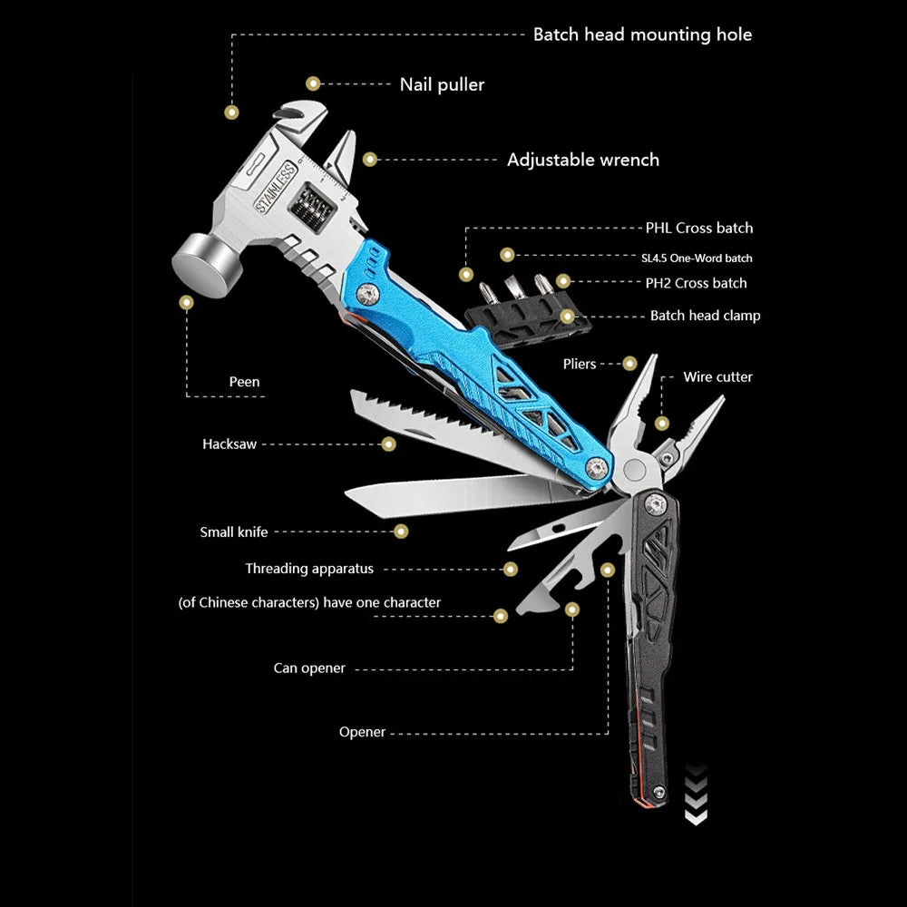 Multifunctional Camping Tool Hammer with Pliers and Wrench Combination