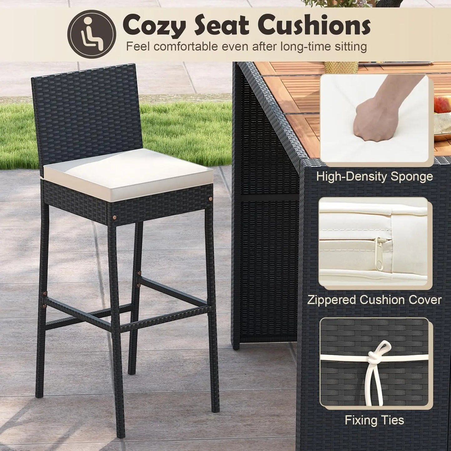 Outdoor Wicker Rattan Bar Set with Acacia Wood Table