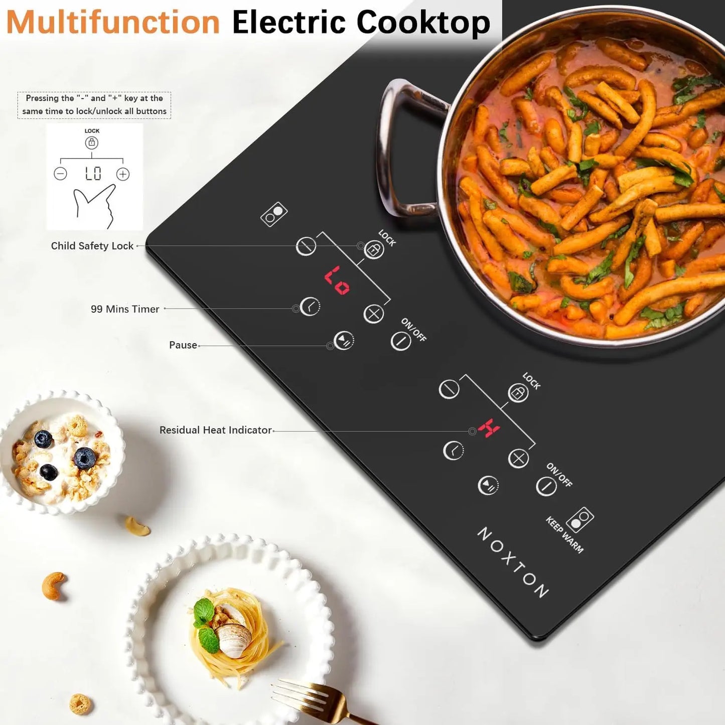 NoxTon Dual Zone Ceramic Electric Stove with Timer and Safety Lock