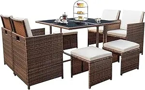 Patio Dining Set with Rattan Chairs and Glass Table