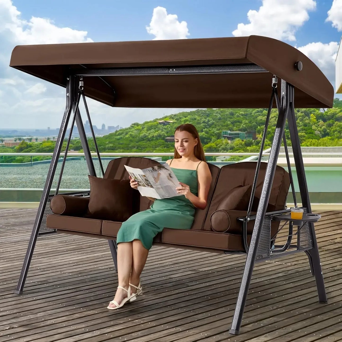 Outdoor Porch Swing with Adjustable Canopy and Thick Cushions