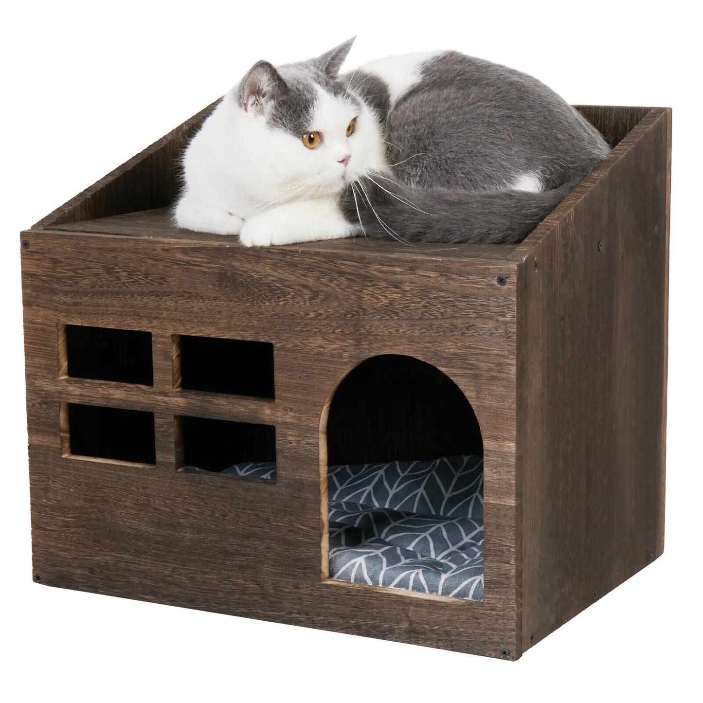 Solid Wooden Cat Litter Box and Lounge with Cushion Pad