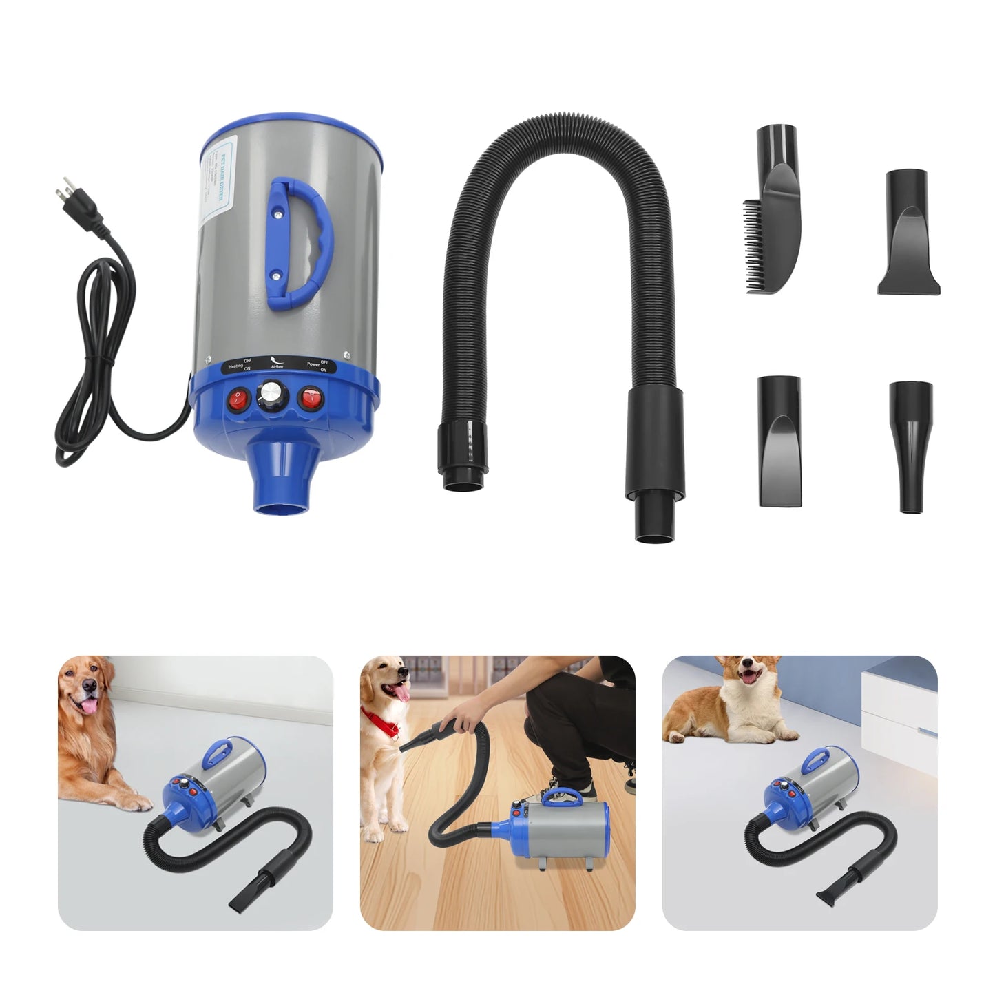 Electric Pet Hair Dryer with Adjustable Wind and Nozzles