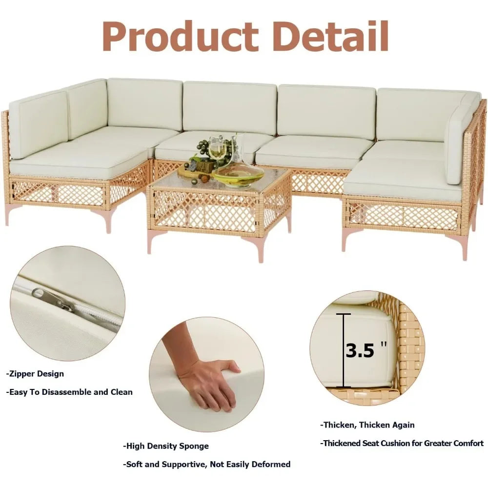 Outdoor Patio Wicker Furniture Set with Cushions and Glass Table