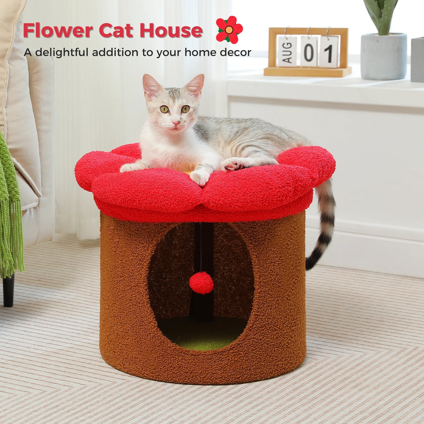 Flower Cat House With Pompom Ball For Spacious Multi Cat