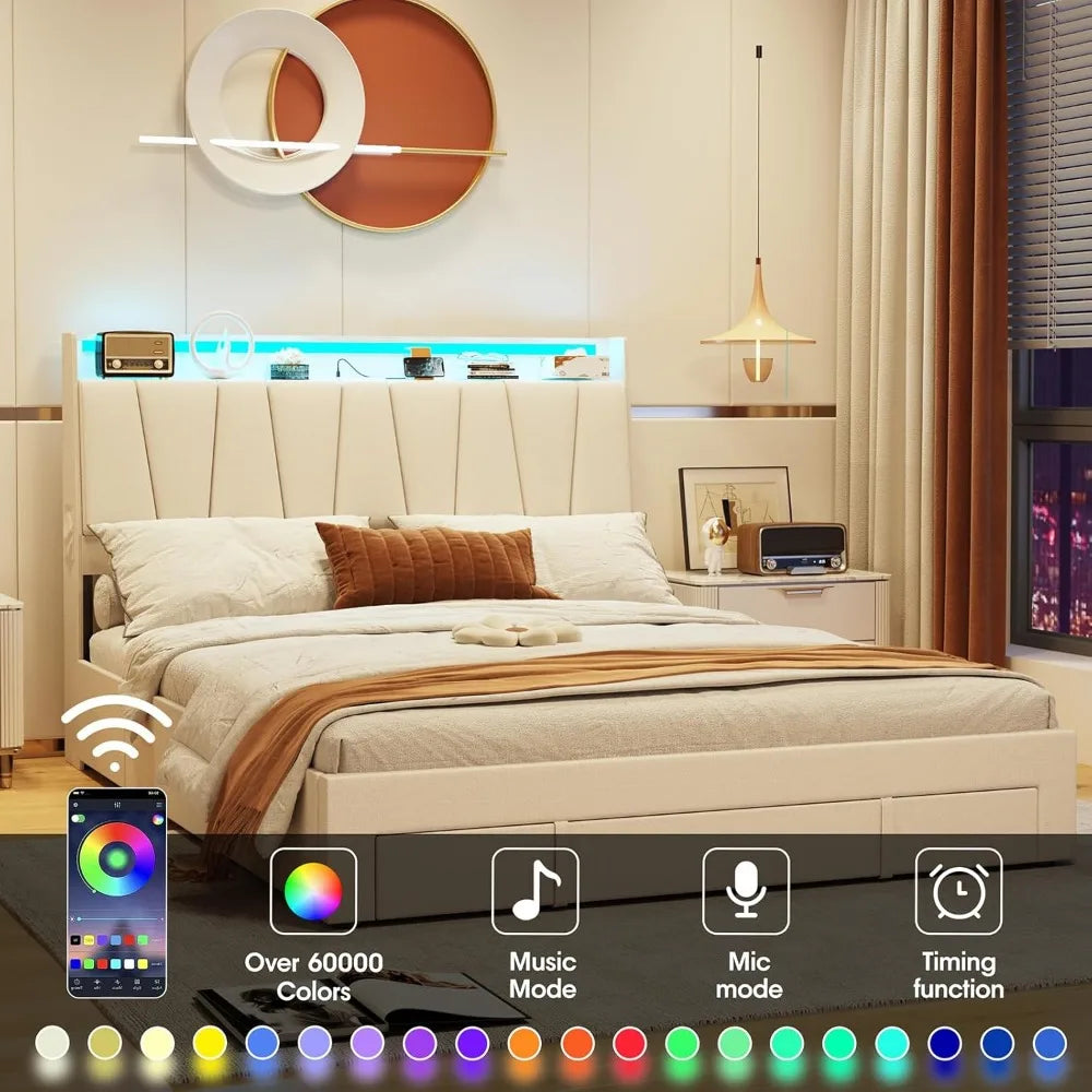 Modern Upholstered Bed Frame with Storage and Charging Station
