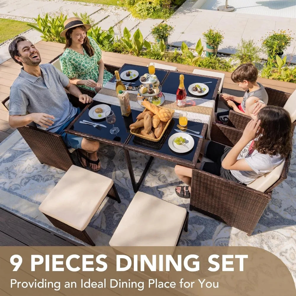 Patio Dining Set with Rattan Chairs and Glass Table