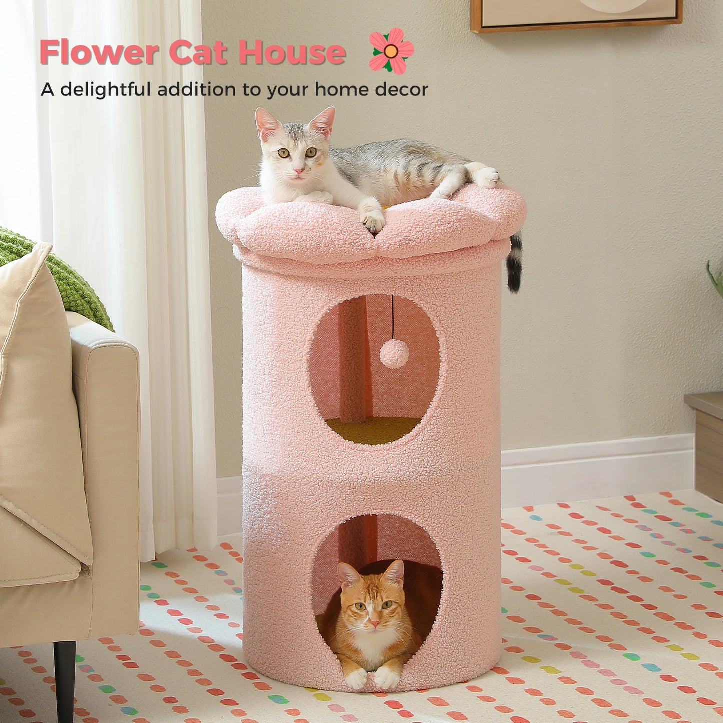 Flower Cat House With Pompom Ball For Spacious Multi Cat