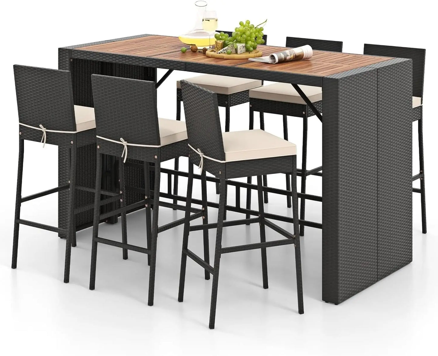 Outdoor Wicker Rattan Bar Set with Acacia Wood Table