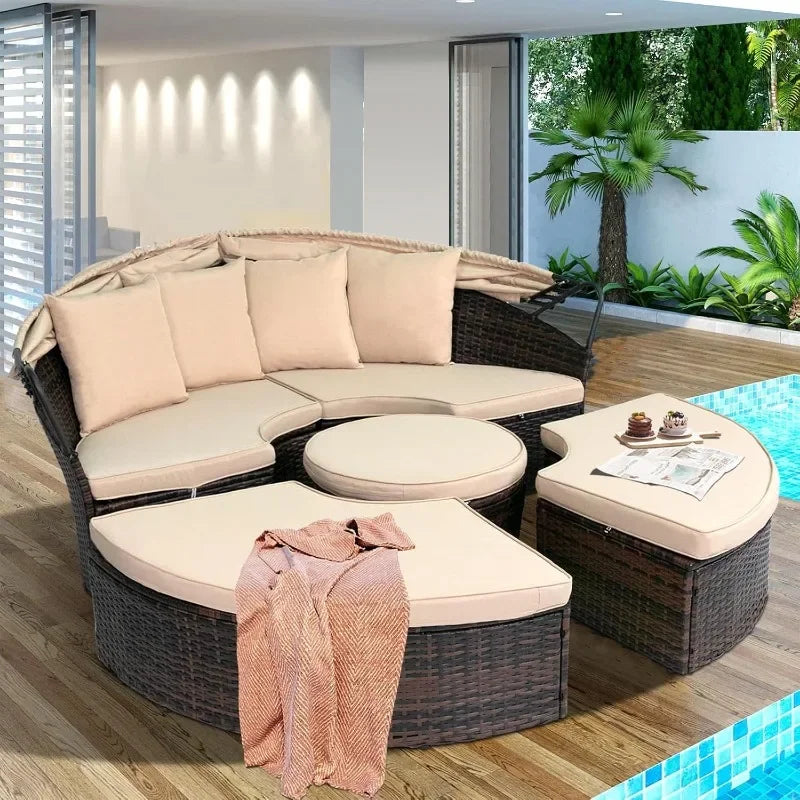 Outdoor Patio Daybed Sofa Set with Retractable Canopy