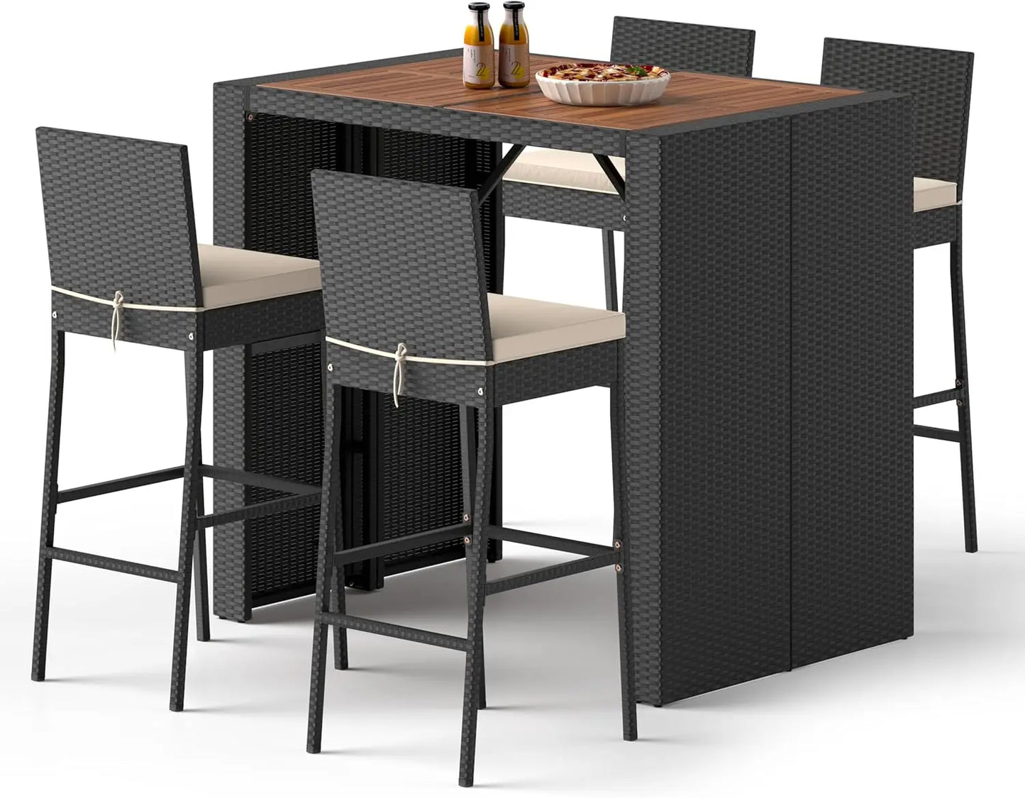 Outdoor Wicker Rattan Bar Set with Acacia Wood Table