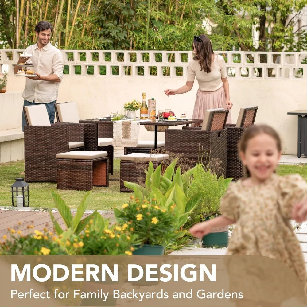 Patio Dining Set with Rattan Chairs and Glass Table