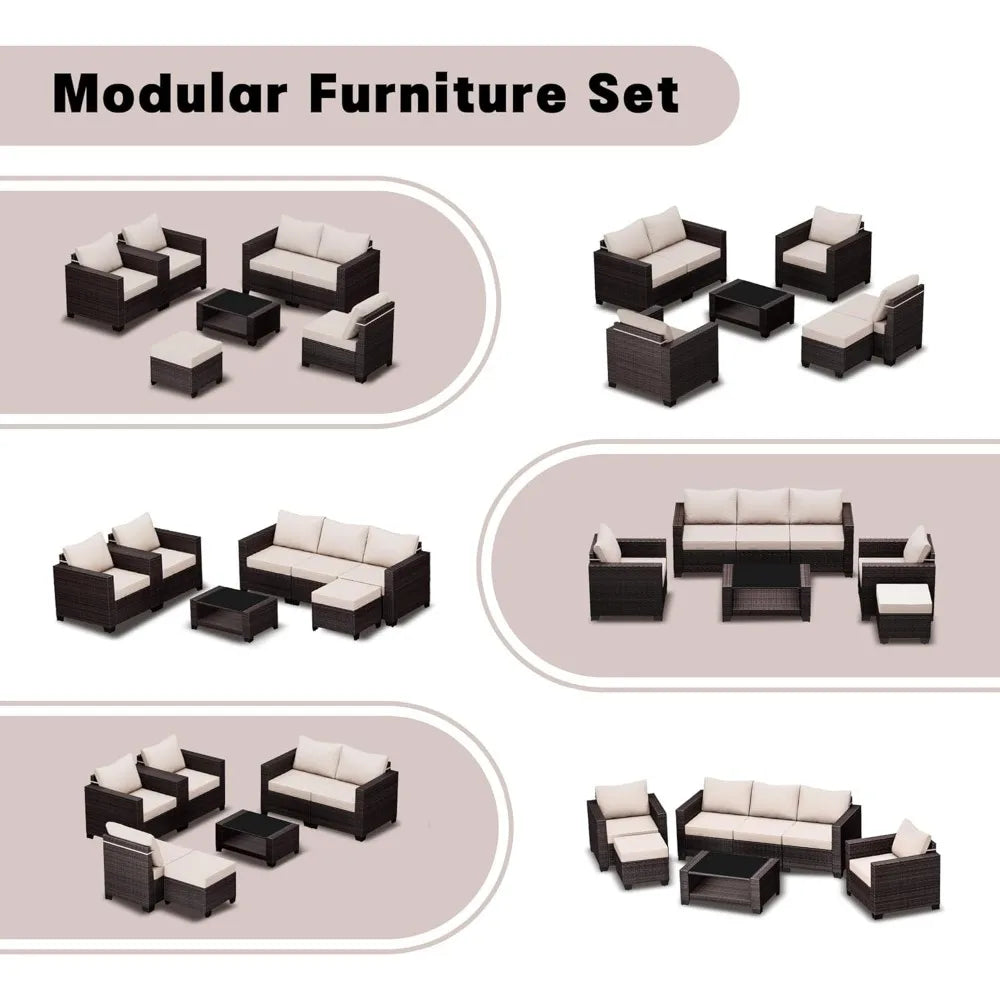 Modern Outdoor Wicker Sectional Sofa Conversation Set for Patios