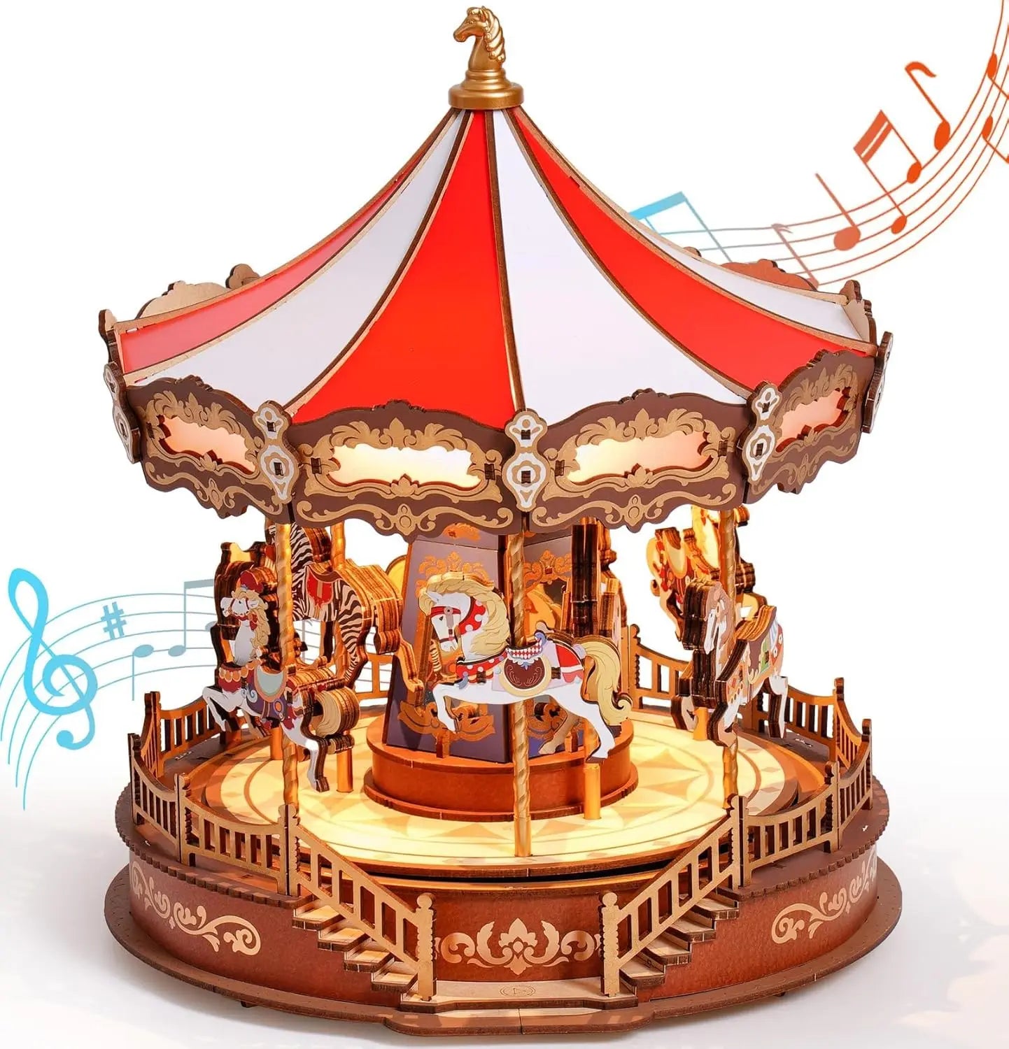 Enchanting 3D Wooden Carousel Music Box with LED Lights