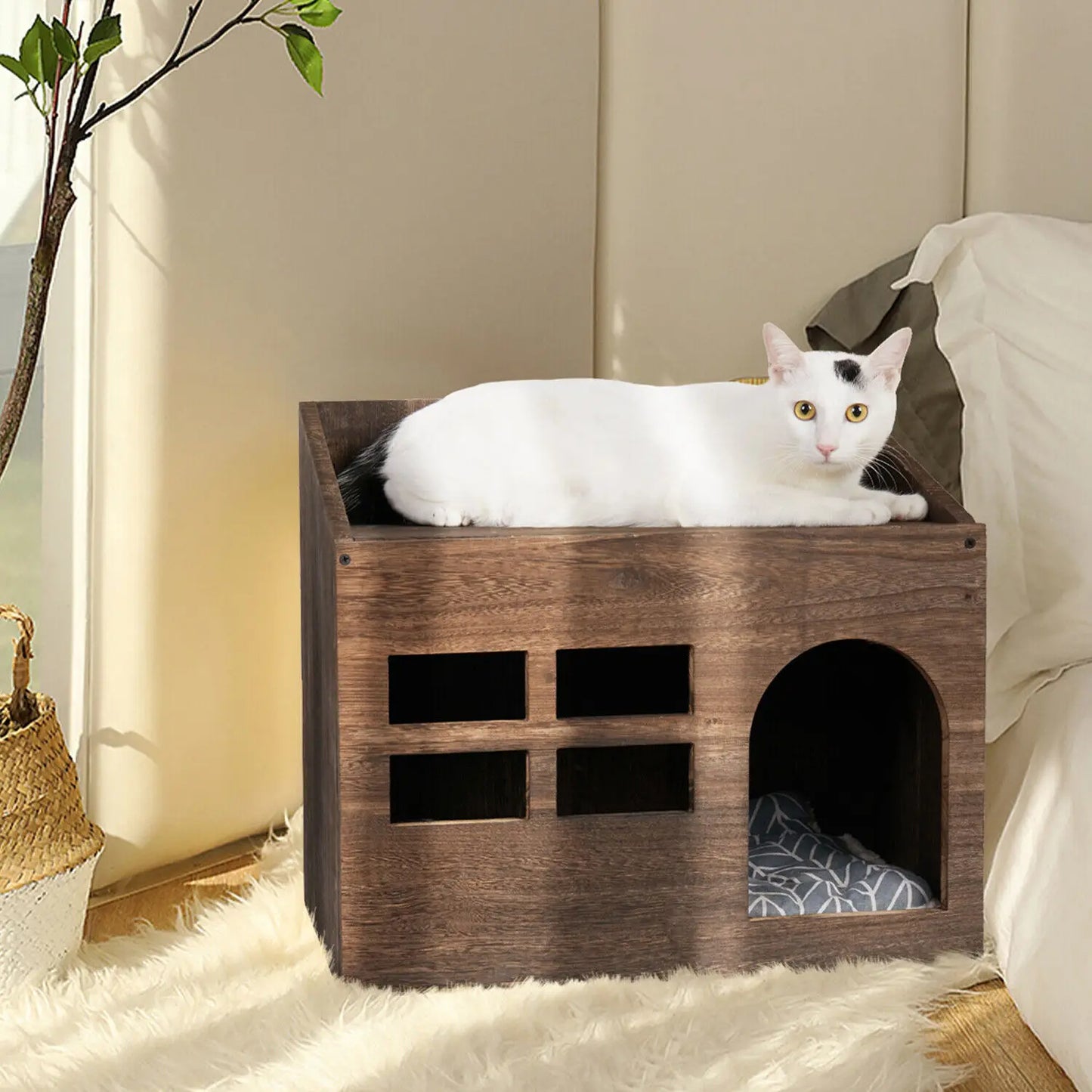 Solid Wooden Cat Litter Box and Lounge with Cushion Pad
