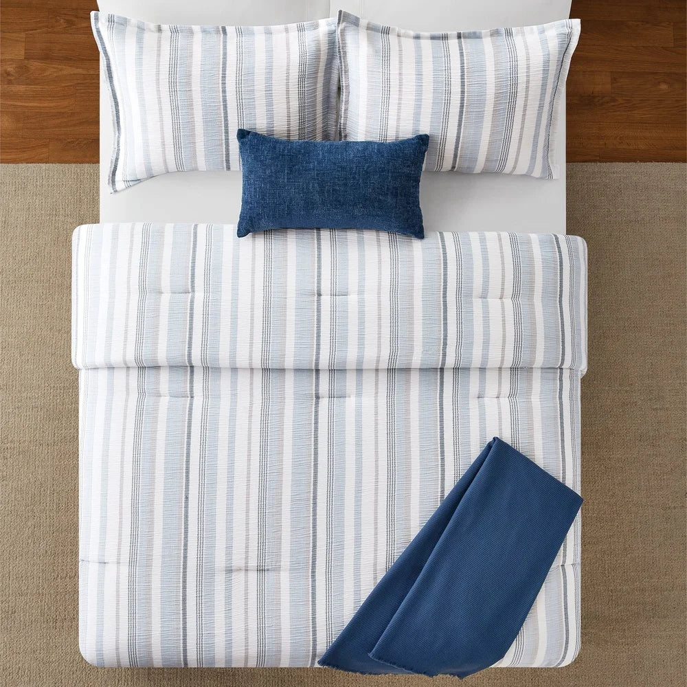 Five Piece Blue Stripe Comforter Set for All Season Comfort