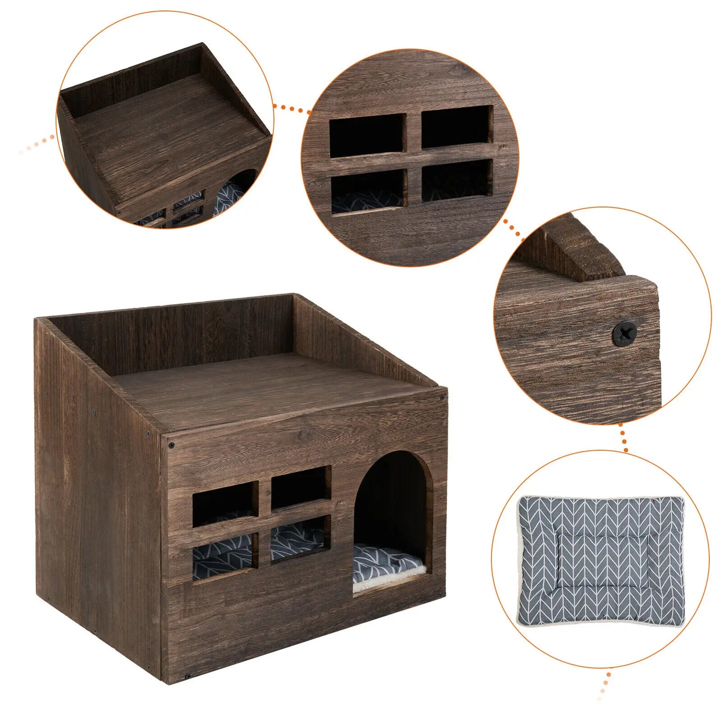 Solid Wooden Cat Litter Box and Lounge with Cushion Pad
