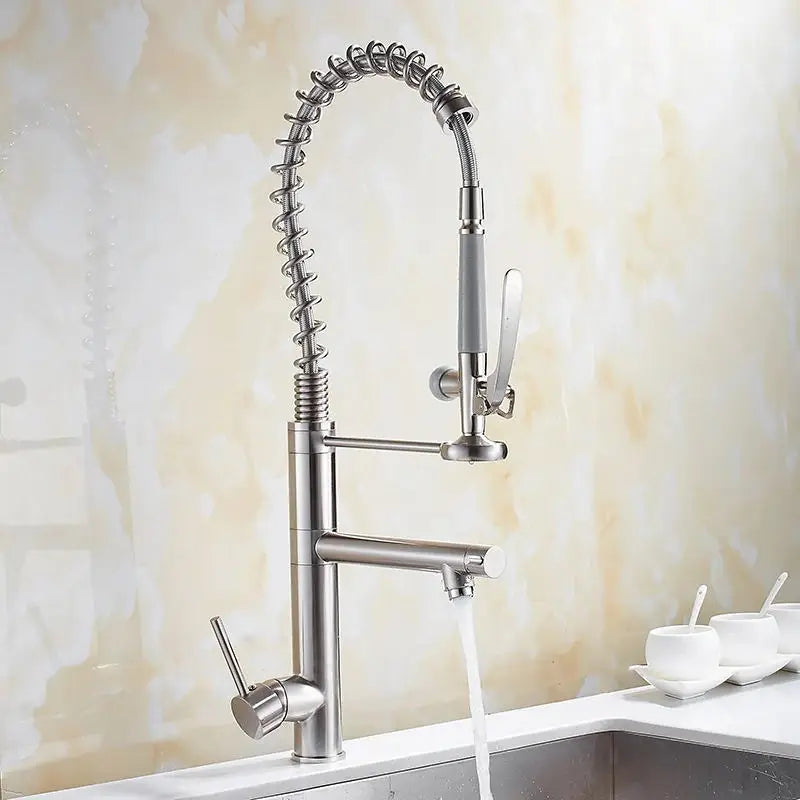 Brass Pull Out Kitchen Faucet With Swivel Spout Mixer