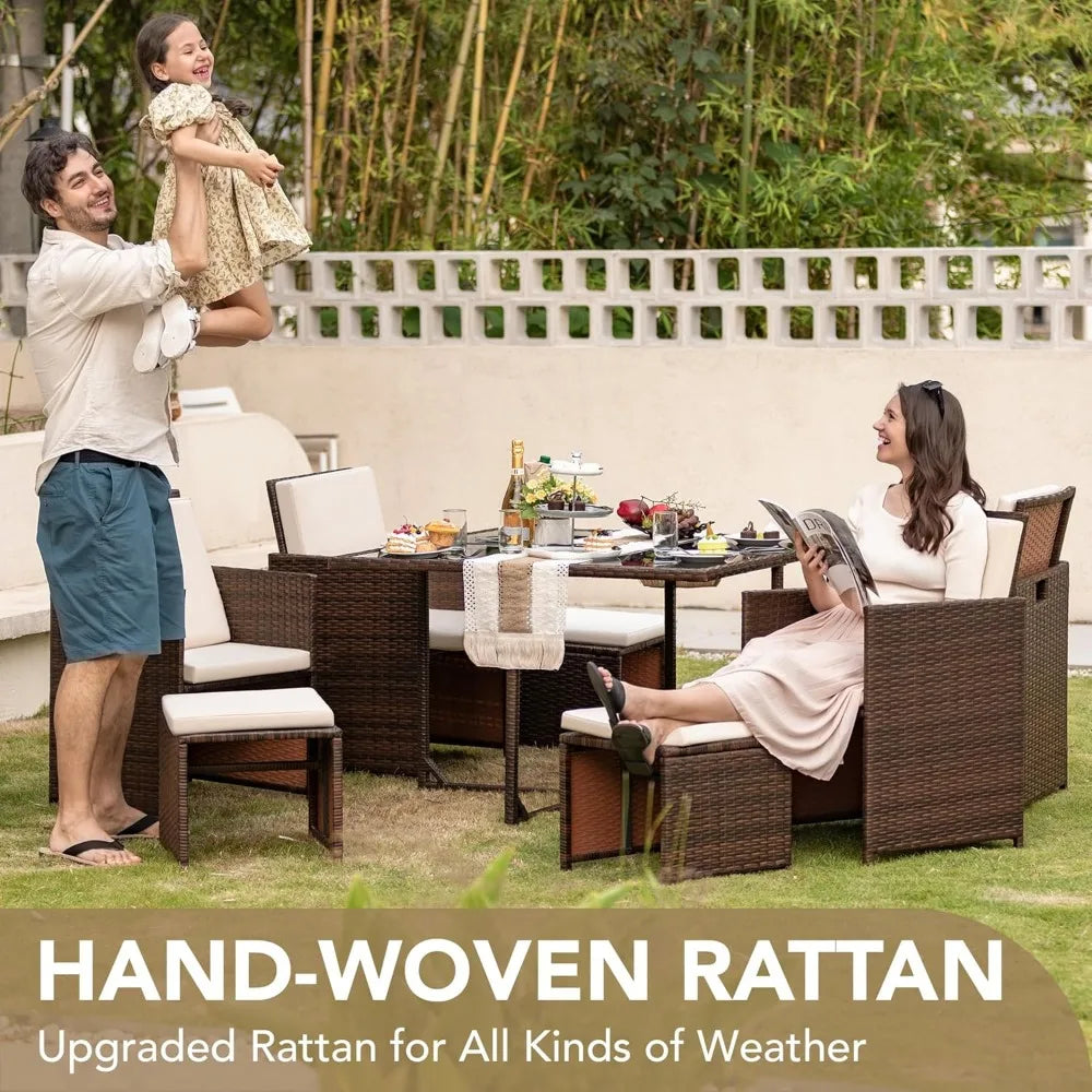 Patio Dining Set with Rattan Chairs and Glass Table
