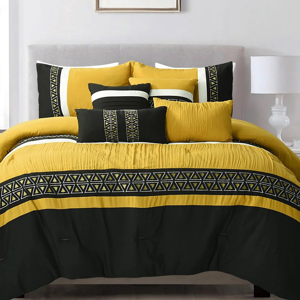 Luxurious Yellow Embroidered Queen Bedding Set Soft Microfiber