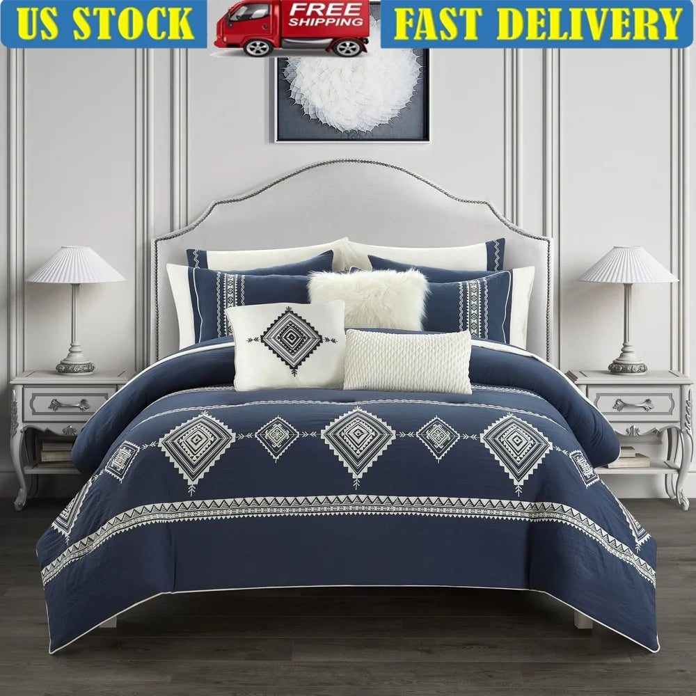 Navy Comforter Set with Decorative Pillows for Elegant Bedding