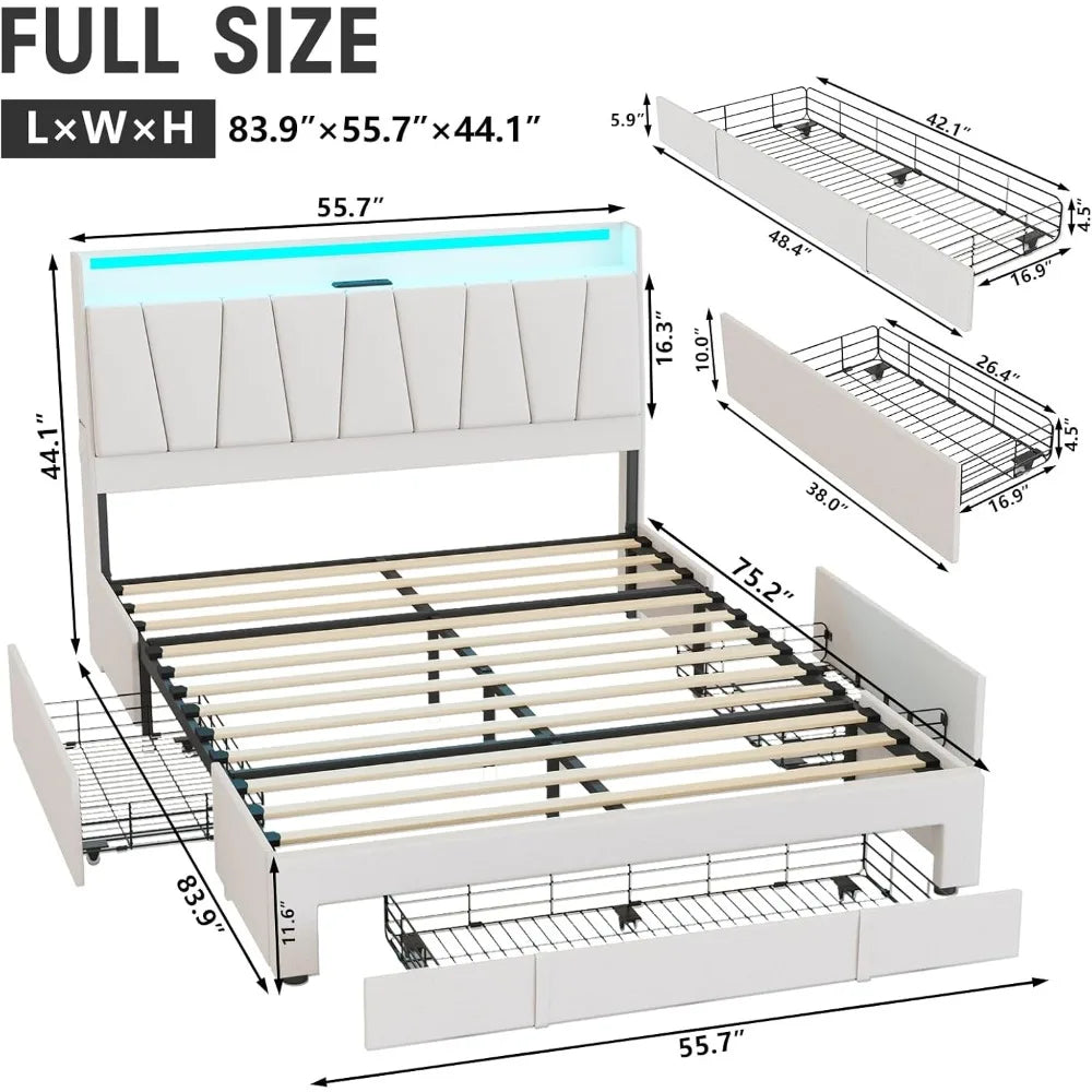 Modern Upholstered Bed Frame with Storage and Charging Station