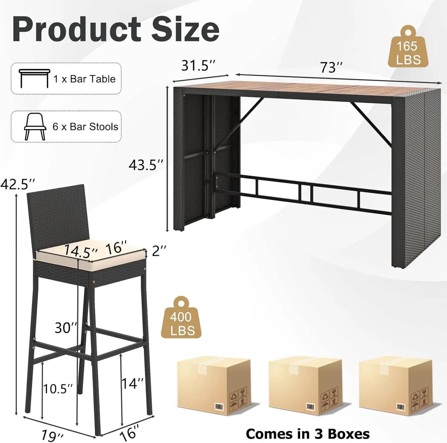 Outdoor Wicker Rattan Bar Set with Acacia Wood Table