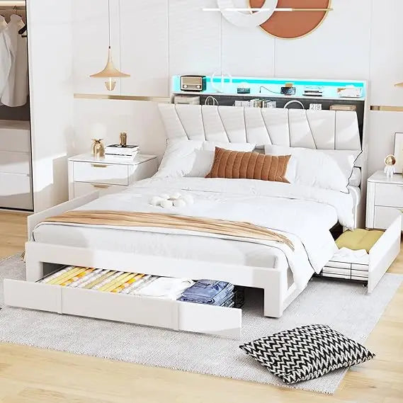 Modern Upholstered Bed Frame with Storage and Charging Station
