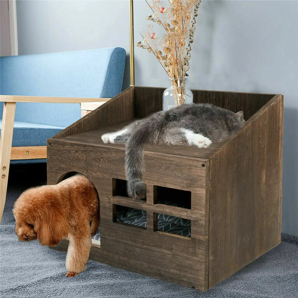 Solid Wooden Cat Litter Box and Lounge with Cushion Pad