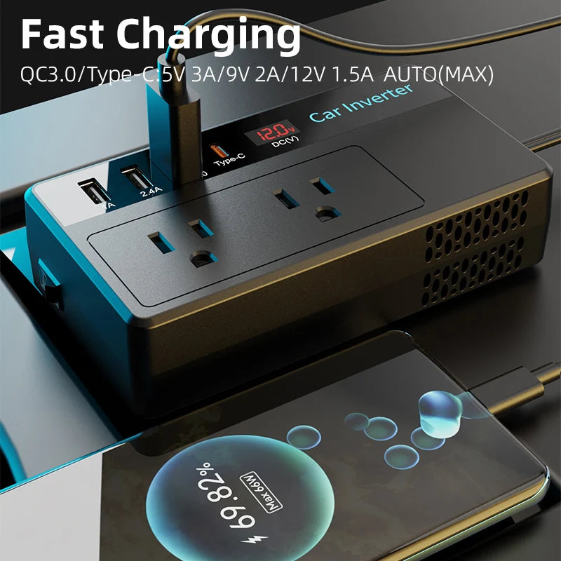 Car Inverter With USB Ports And LED Screen Charger Adapter