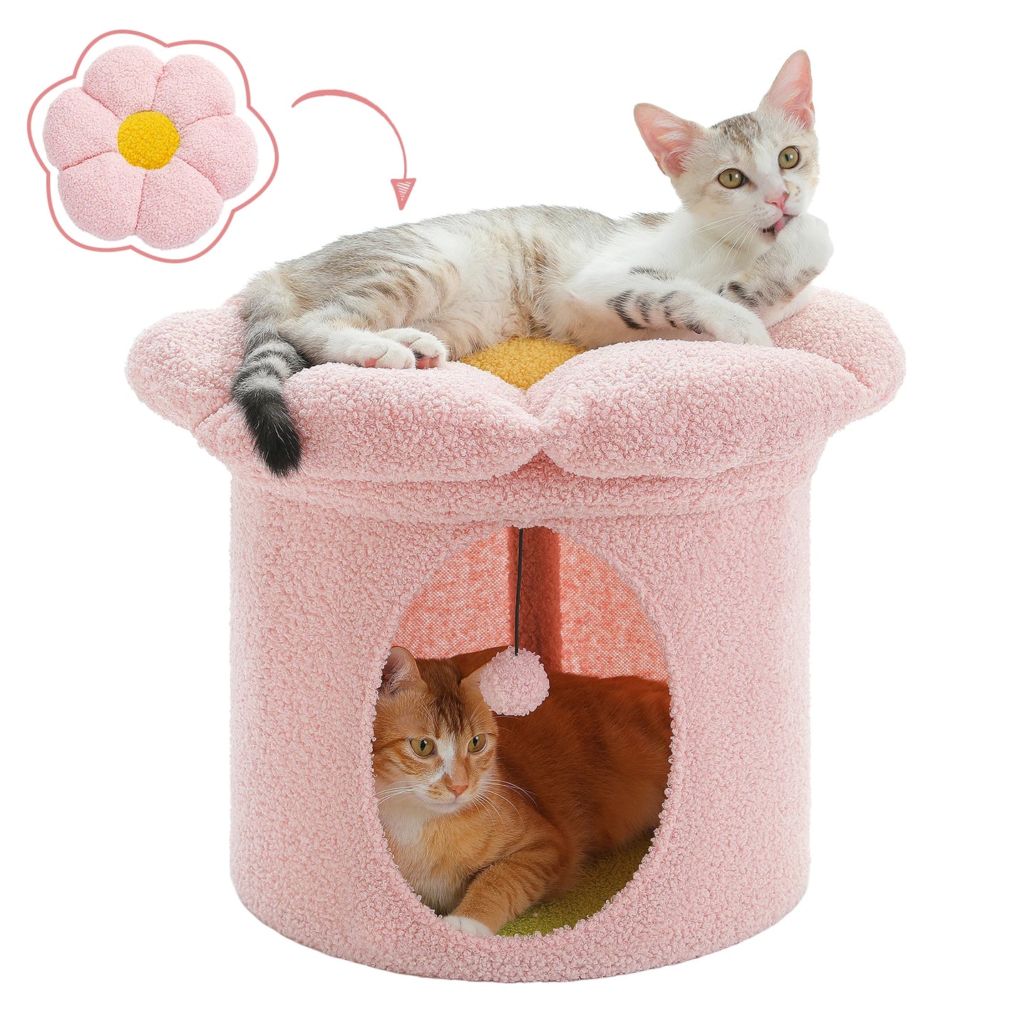 Flower Cat House With Pompom Ball Double Deck Condo