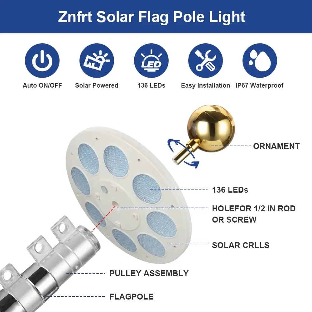 Solar Flag Pole Light with 136 Bright LEDs for Outdoor Use