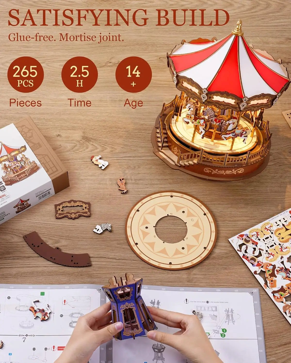 Enchanting 3D Wooden Carousel Music Box with LED Lights