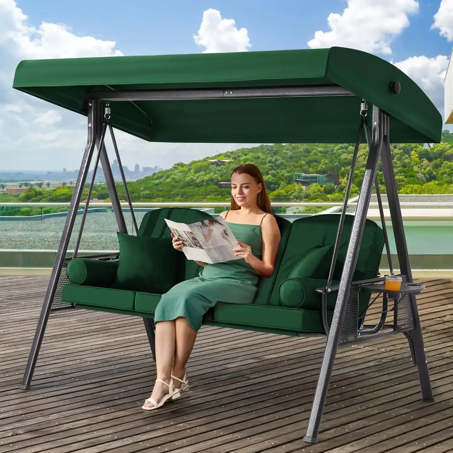 Outdoor Porch Swing with Adjustable Canopy and Thick Cushions
