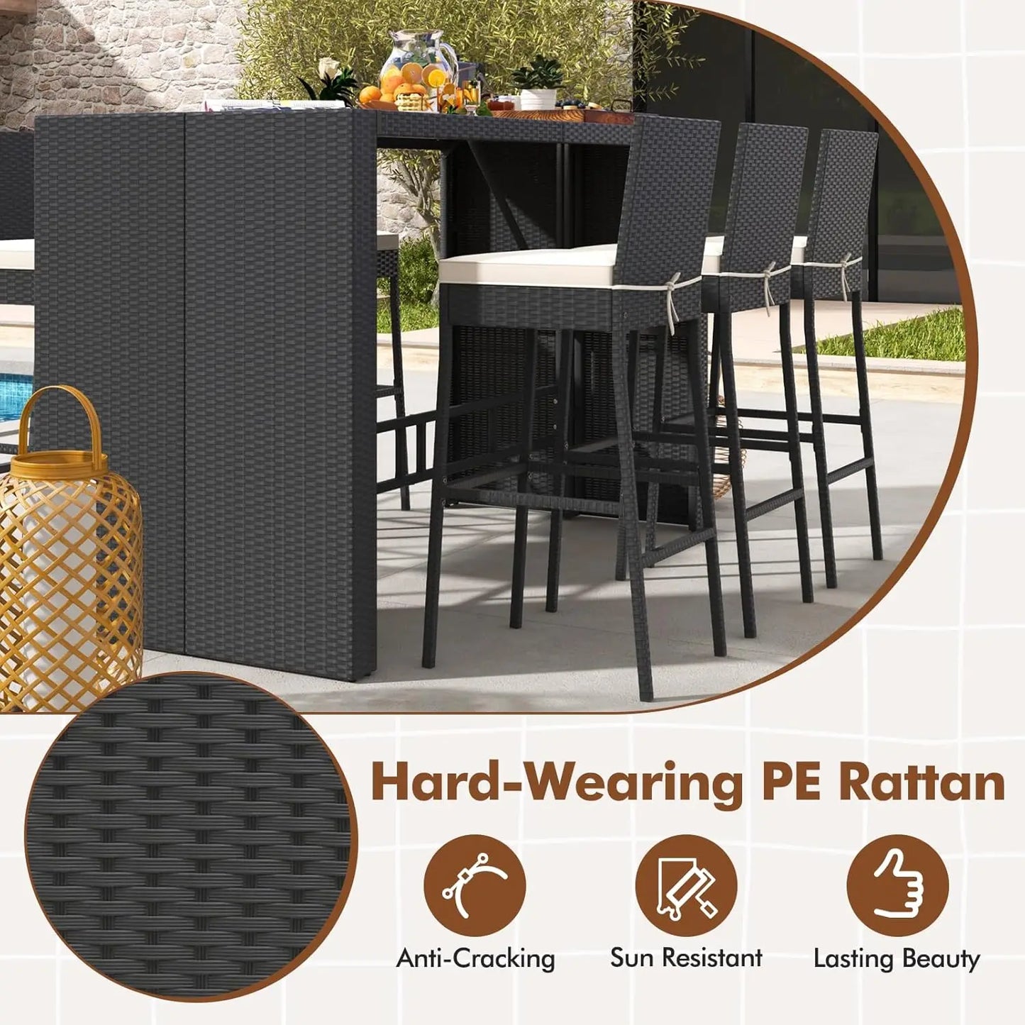 Outdoor Wicker Rattan Bar Set with Acacia Wood Table