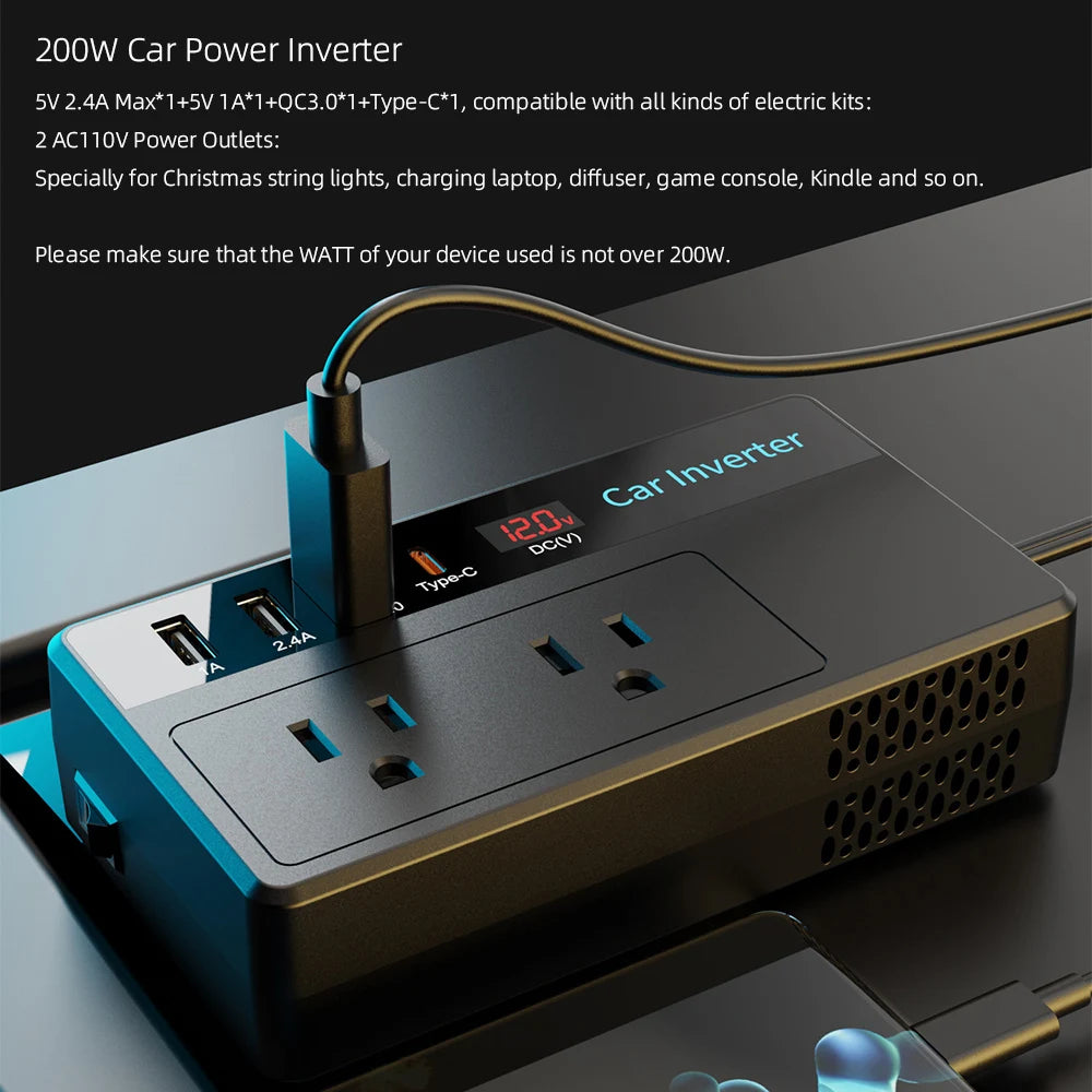 Car Inverter With USB Ports And LED Screen Charger Adapter