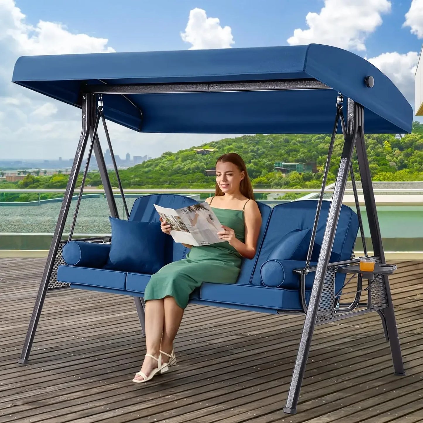 Outdoor Porch Swing with Adjustable Canopy and Thick Cushions