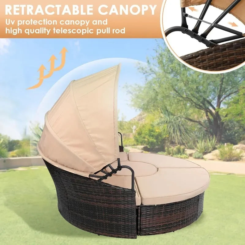 Outdoor Patio Daybed Sofa Set with Retractable Canopy