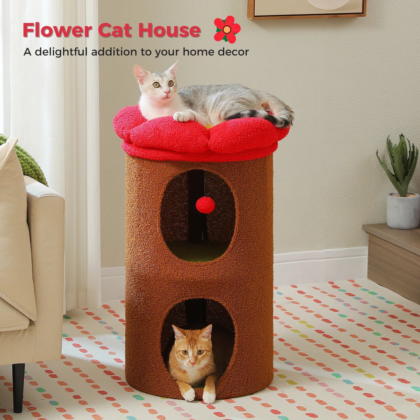 Flower Cat House With Pompom Ball For Spacious Multi Cat