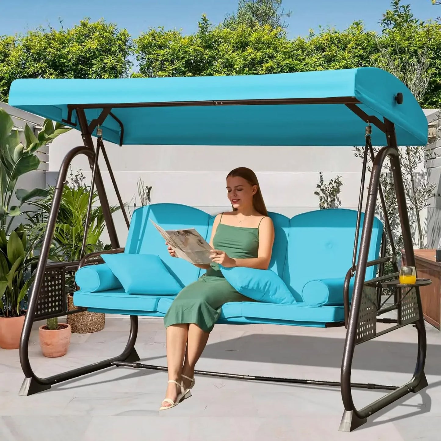 Outdoor Porch Swing with Adjustable Canopy and Thick Cushions