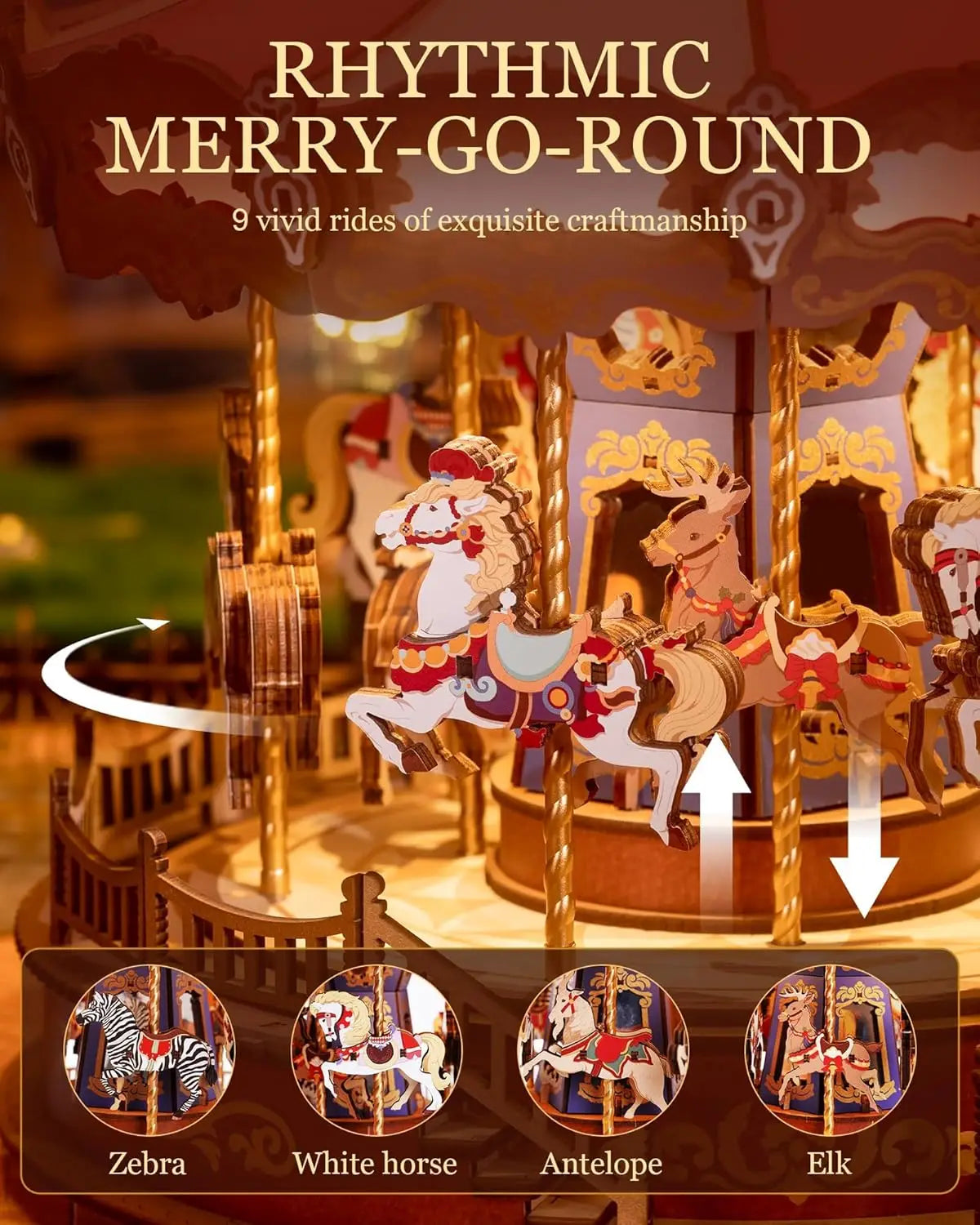 Enchanting 3D Wooden Carousel Music Box with LED Lights