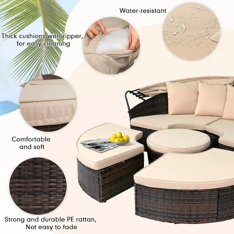 Outdoor Patio Daybed Sofa Set with Retractable Canopy