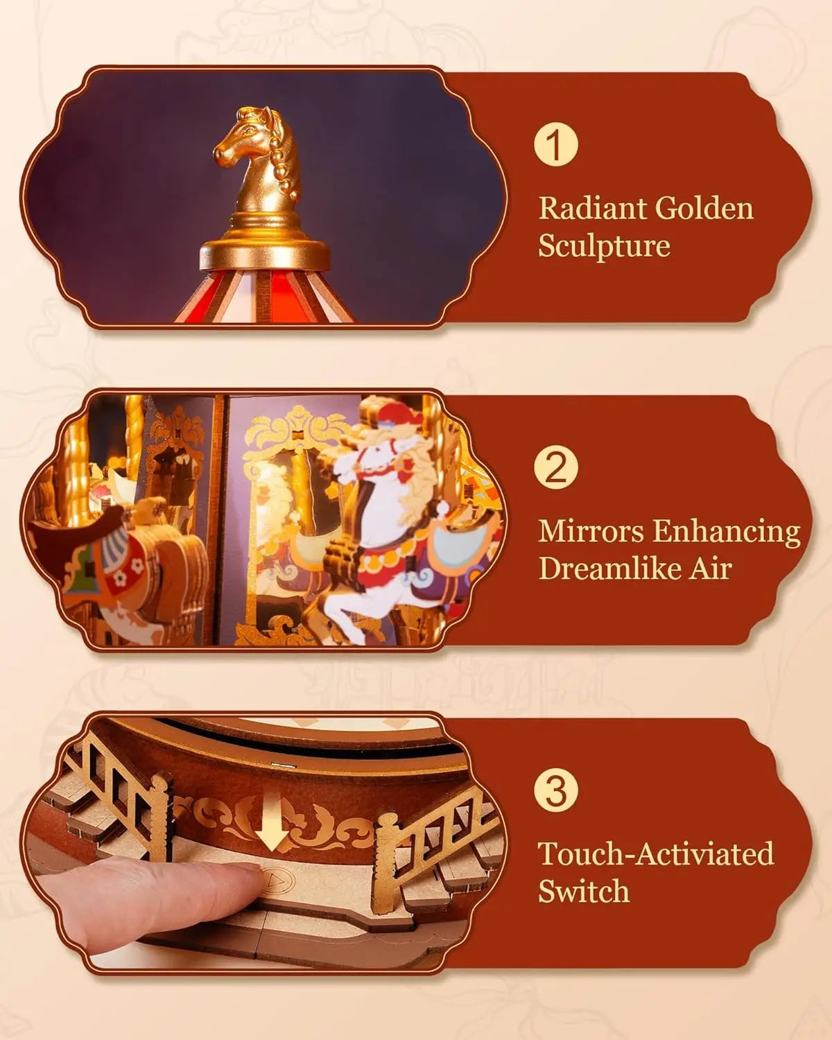 Enchanting 3D Wooden Carousel Music Box with LED Lights