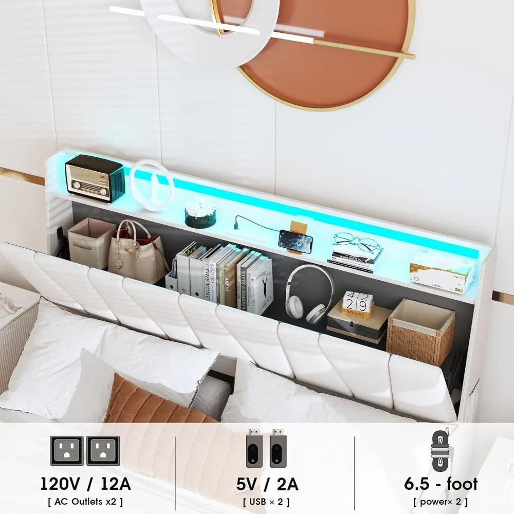 Modern Upholstered Bed Frame with Storage and Charging Station