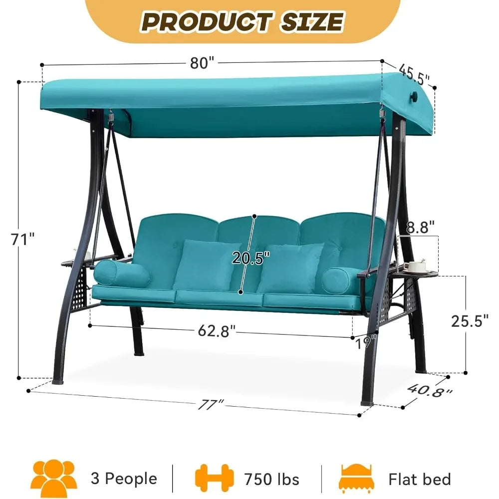 Outdoor Porch Swing with Adjustable Canopy and Thick Cushions