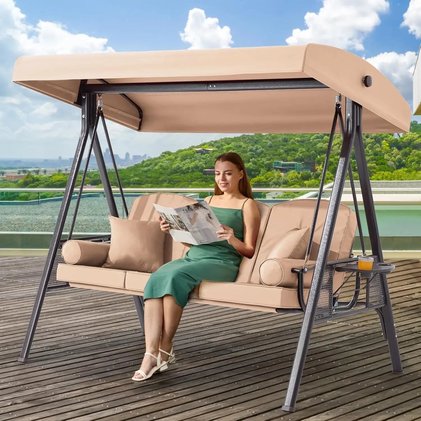 Outdoor Porch Swing with Adjustable Canopy and Thick Cushions