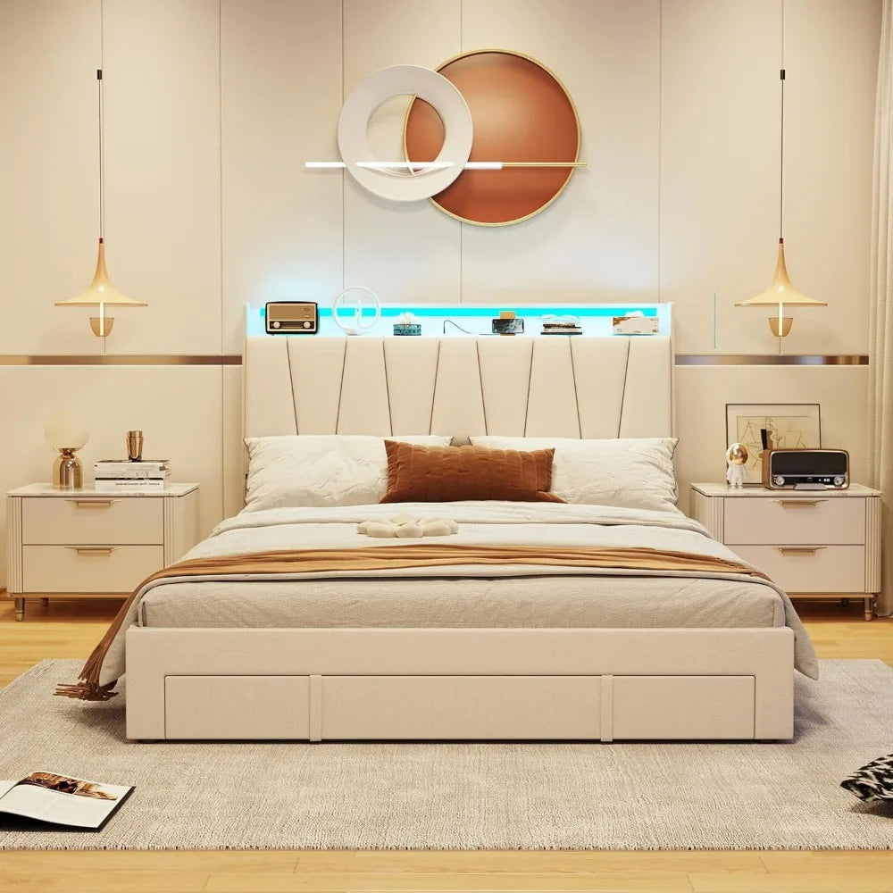 Modern Upholstered Bed Frame with Storage and Charging Station